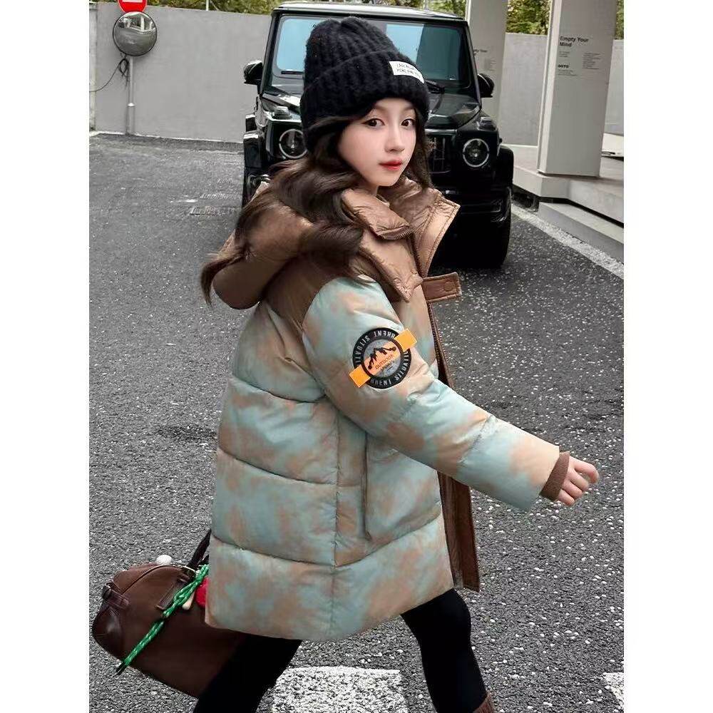 102男女童工装风迷彩棉服冬装新款洋气连帽中长款棉袄外套