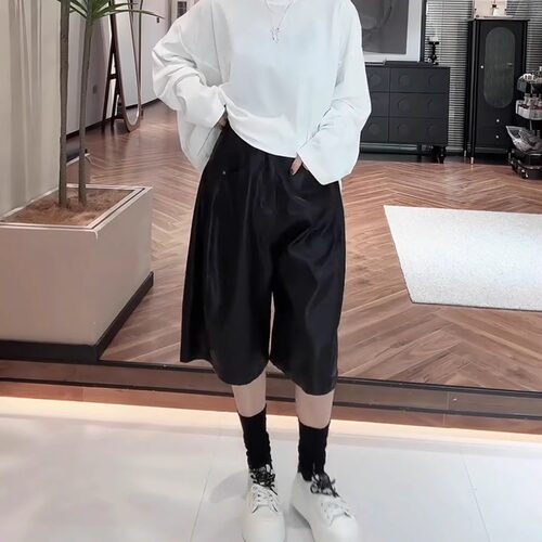 美式复古黑色七分阔腿裤女皮裤
