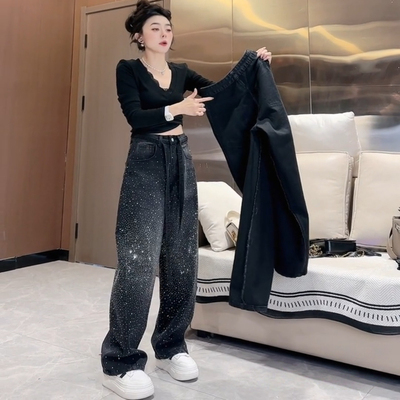 冬季烫钻满天星直筒阔腿牛仔裤