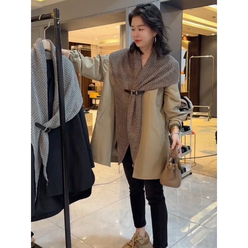 高端欧货2025年秋装新款V领中长款风衣外套女上衣针织披肩两件套