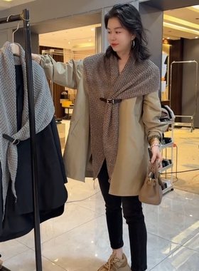 高端欧货2025年秋装新款V领中长款风衣外套女上衣针织披肩两件套