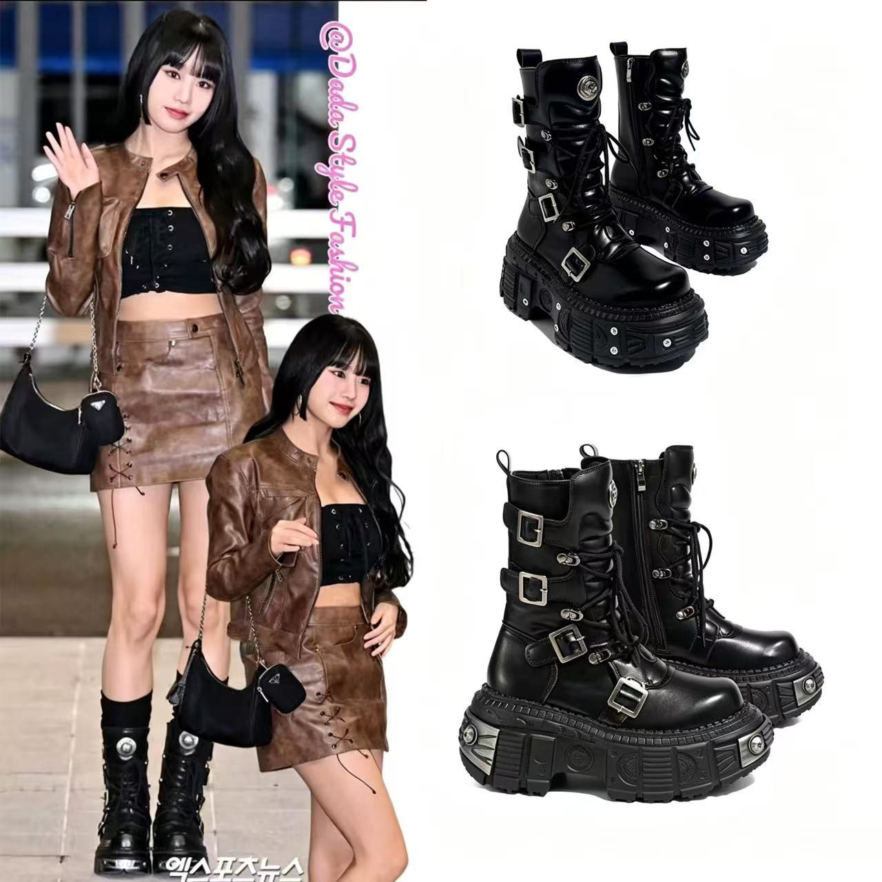 明星同款机车靴松糕厚底马丁靴女皮带扣系带金属赛博朋克短靴子女