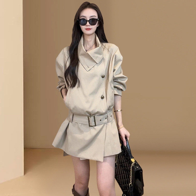 韩版ins风卡其色翻领风衣洋装女2025春秋新款收腰宽松时尚外套