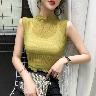 女半高领性感内搭背心网纱薄款 2020春季 蕾丝打底衫 无袖 上衣 新款