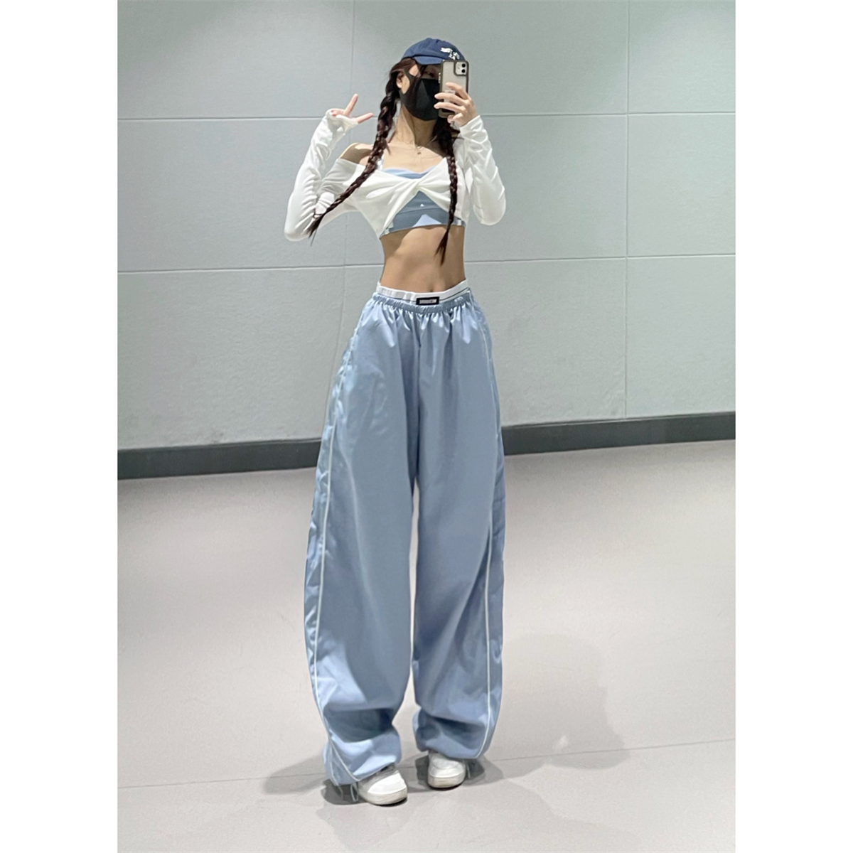 林小花jazz跳舞爵士舞套装女夏季薄款阔腿休闲裤奶蓝色速干运动裤