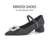 羊皮版 加绒保暖方扣单鞋 小个子内增高6CM厚黑玛丽珍毛毛鞋 女冬季