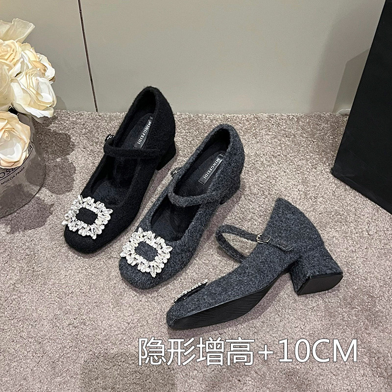 羊皮版10cm内增高水钻玛丽珍鞋加绒单鞋女高跟粗跟毛毛鞋女冬外穿,女鞋,浅口单鞋,淘宝优惠券,粉丝福利购,淘宝优惠卷