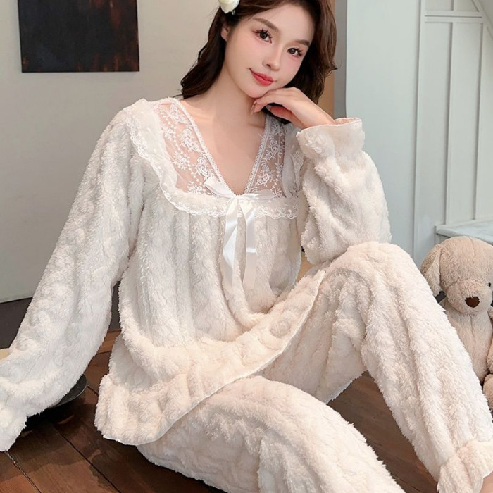 睡衣女秋冬季珊瑚绒加绒加厚