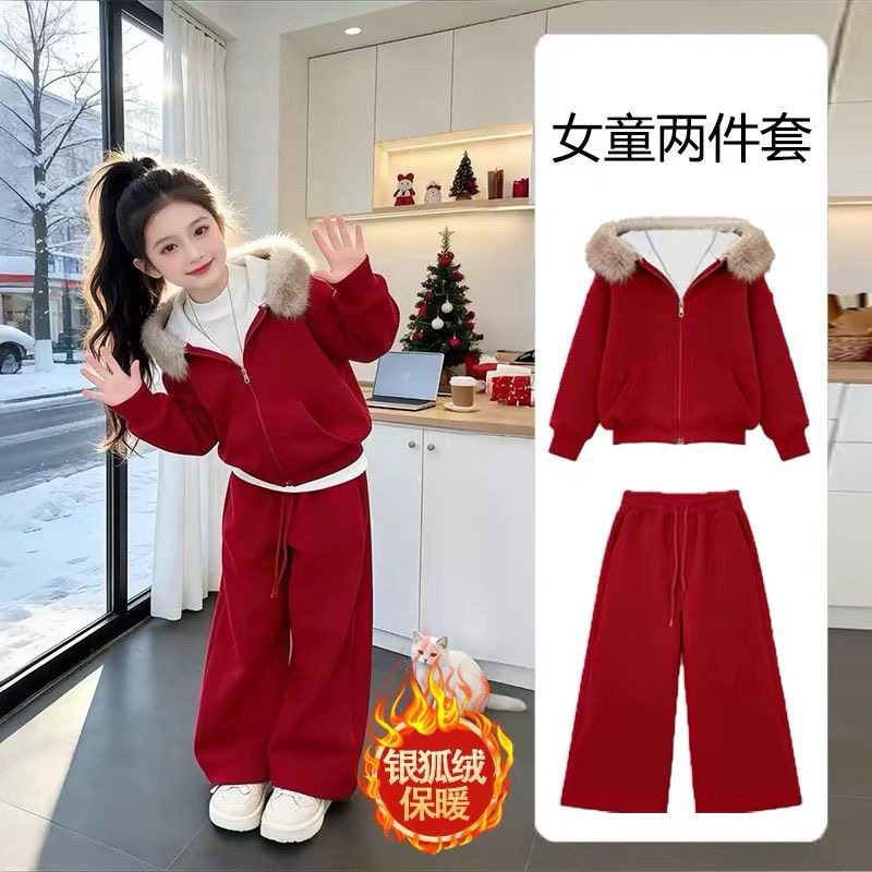 女孩红色本命年衣服女童过年服2026新款套装时尚洋气时髦加绒加厚