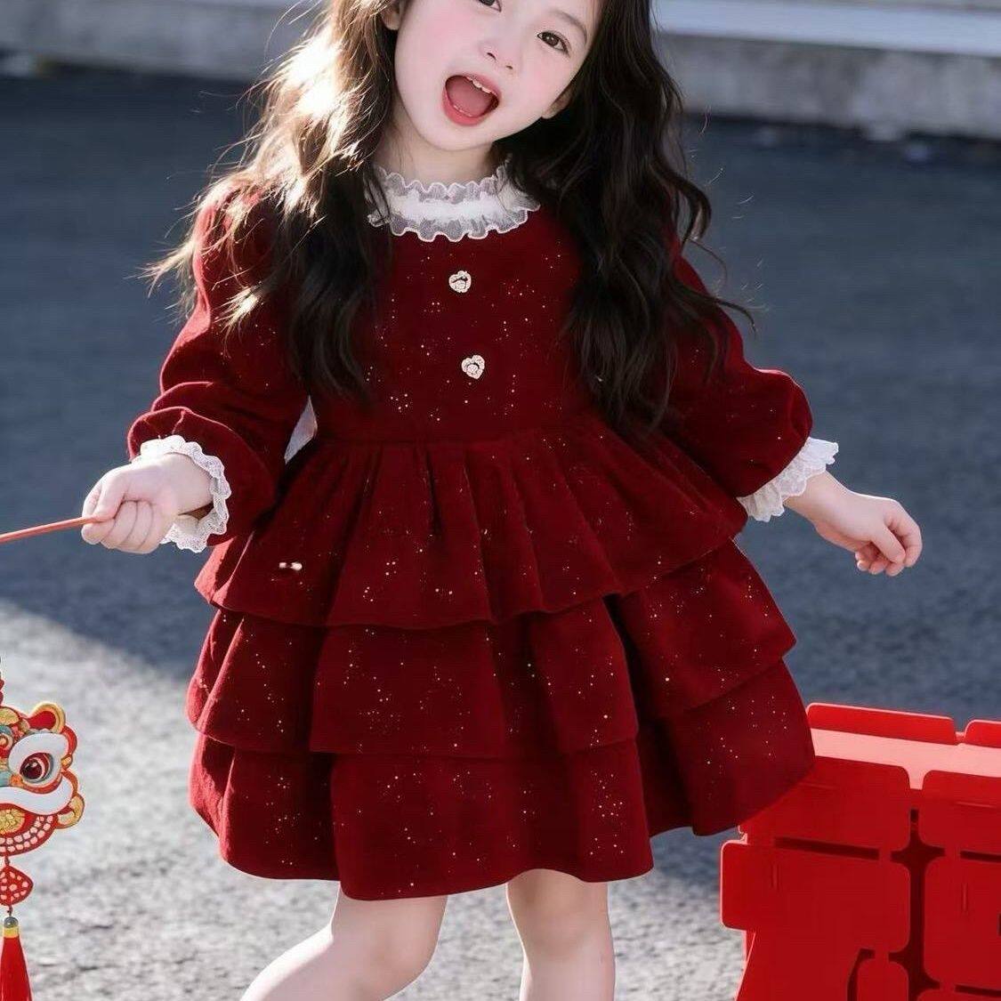 女童红色闪闪丝绒连衣裙蛋糕裙2025冬季女孩加绒公主裙新年蓬蓬裙