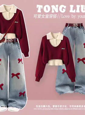 女童冬装新年红色毛衣2025新款女大童初中生巨好看的洋气炸街套装