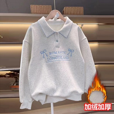 女童卫衣加绒2025新款女孩大童POLO领上衣秋冬儿童长袖加绒打底衫