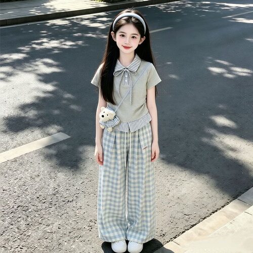 女大童夏装新款短袖polo衫学生套装时尚穿搭韩系格子阔腿裤两件套