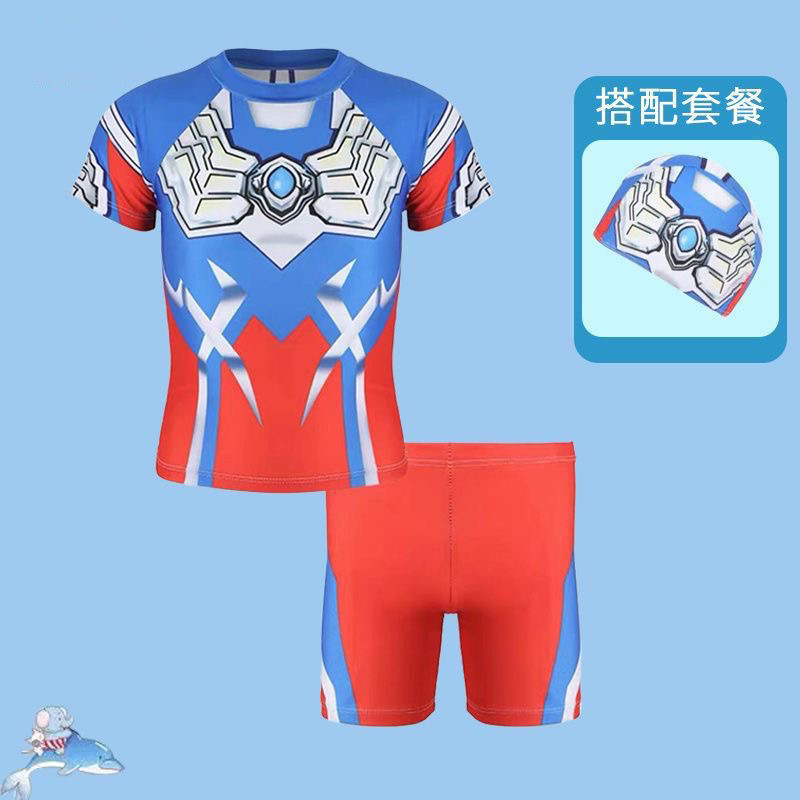 男童游泳训练衣分体短袖超人胖童男孩速干防晒中大童温泉泳装套装