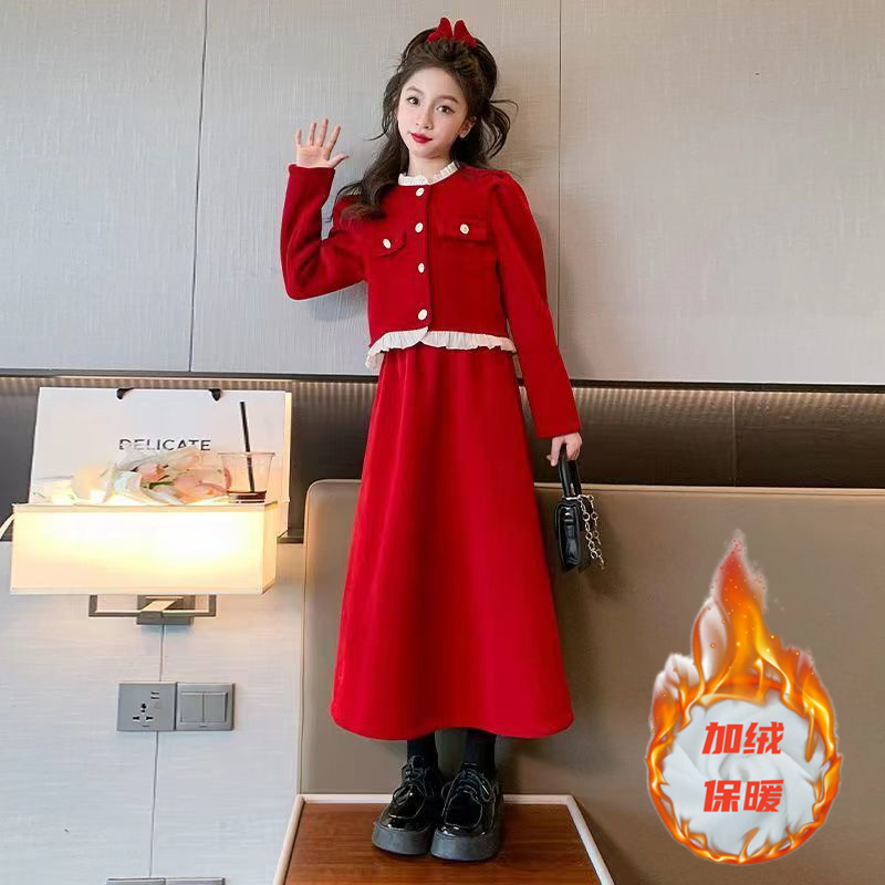 女童新年连衣裙冬季2026新款红色拜年服女孩加绒加厚裙子儿童冬装
