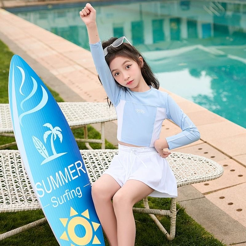 女童拼接分体泳衣夏季2025新款儿童专业训练防晒泳衣女孩洋气泳装