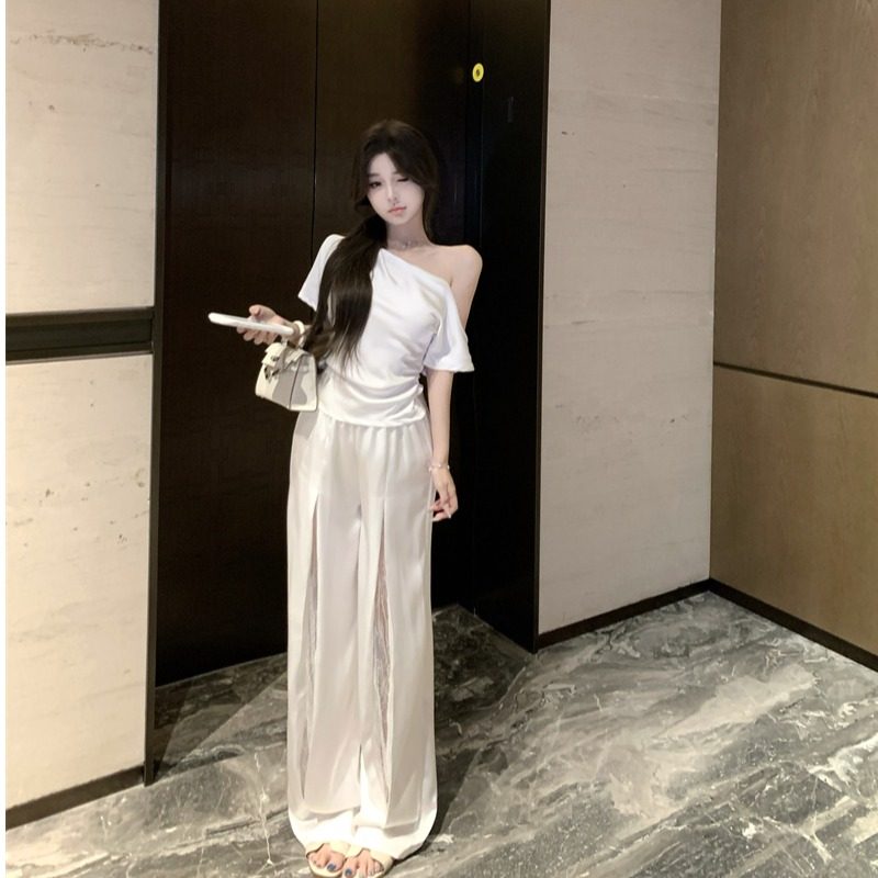醋酸斜肩上衣绝美蕾丝破缝直筒裤