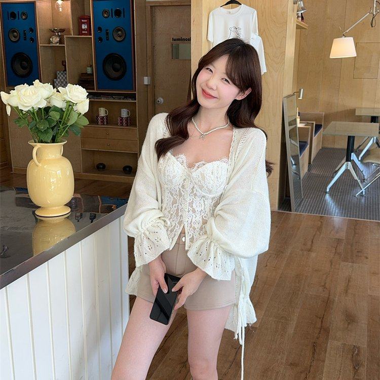 新款soft温柔奶芙重工镂 空钩花 慵懒抽绳羊毛针织开衫