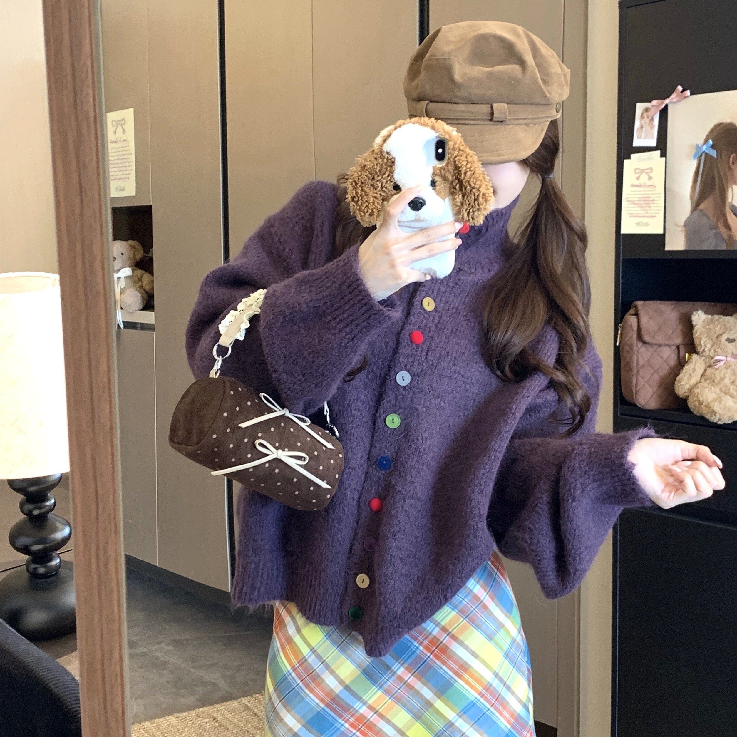 彩扣高领软糯毛衣甜美宽松休闲针织衫上衣外套