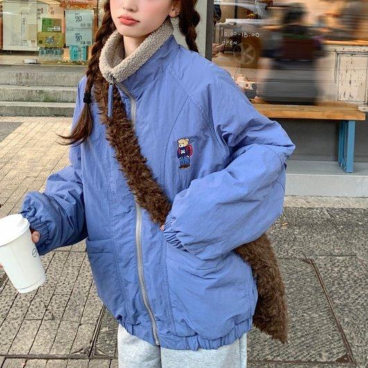 本店小熊绣花火龙果立领微皱肌理感设计百搭保暖棉衣女外套