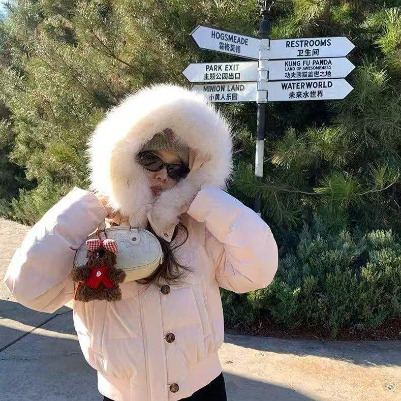 冬季新款百搭大毛领连帽羽绒服女短款百搭保暖加厚棉衣外套