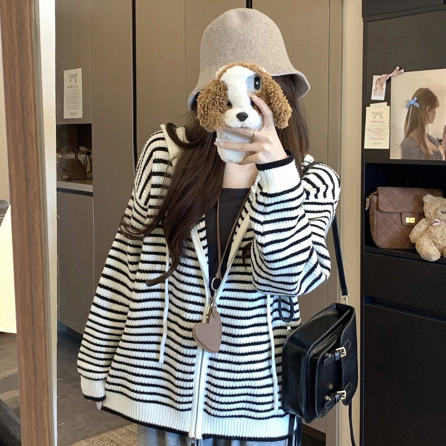 秋季新款韩版宽松条纹抽绳连帽针织毛衣开衫外套女