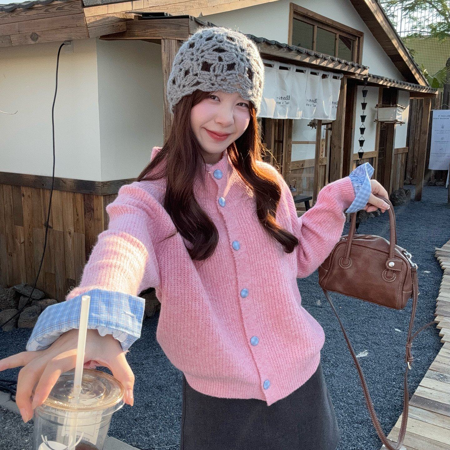 秋季新款慵懒风宽松显瘦复古翻领长袖针织毛衣外套