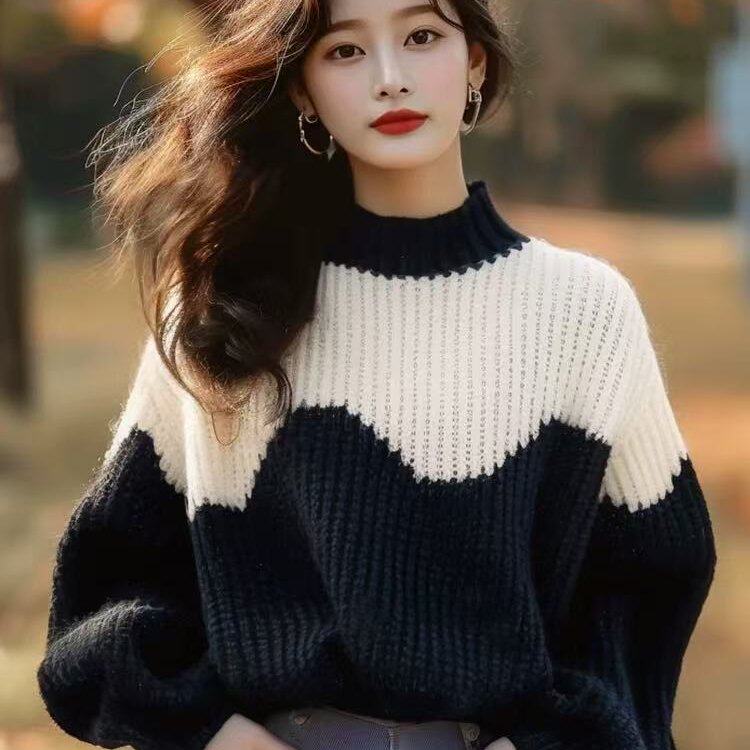 黑白撞色粗线毛衣女款2025新款秋冬季慵懒加厚高级感超好看针织衫