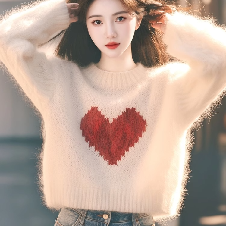 超好看粉色爱心图案毛衣女初秋穿搭上衣高级感加厚宽松长袖针织衫