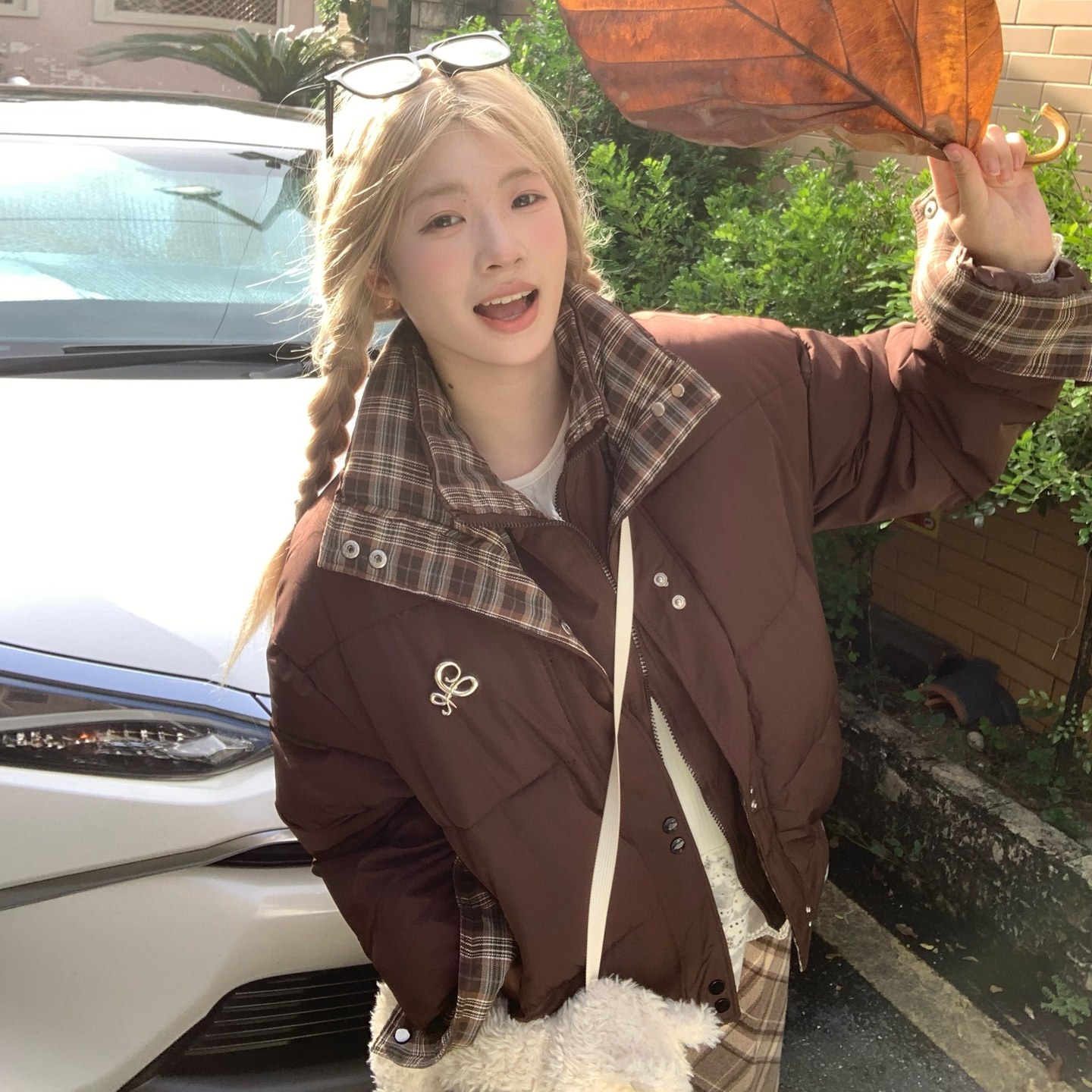 橘子树在哪儿假两件格子拼接棉服外套女冬季设计感宽松面包服