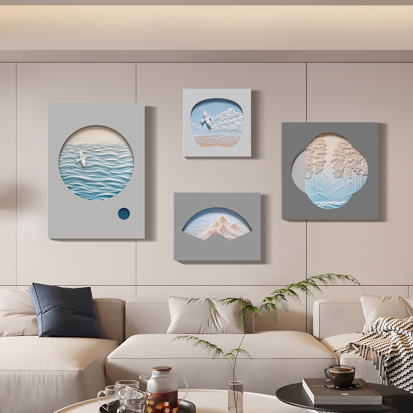 现代简约四联组合客厅挂画