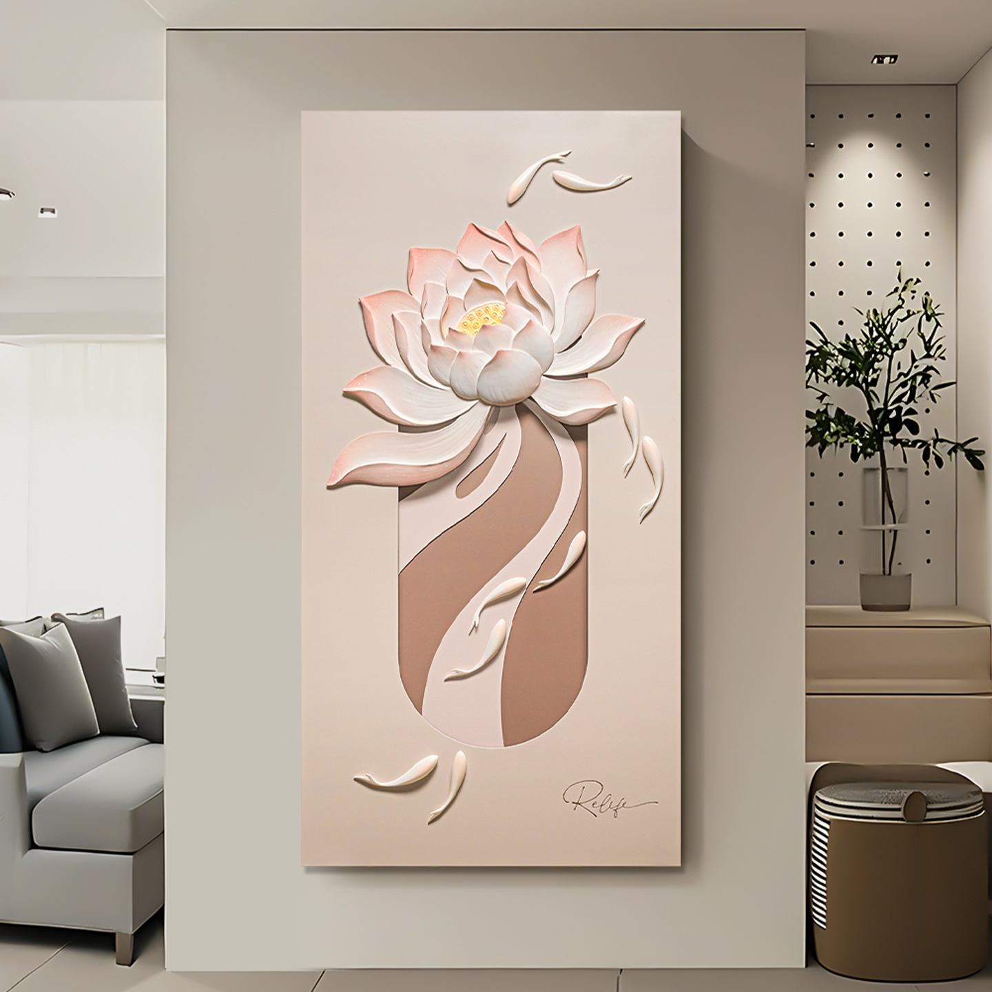 3D立体浮雕玄关挂画九鱼图走廊过道灯光鱼戏莲花现代客厅装饰画图片