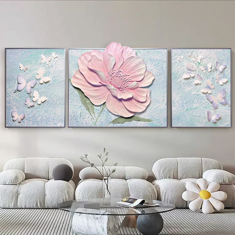 立体沙发背景墙三联装饰画壁画客厅挂画轻奢现代简约浮雕手绘油画