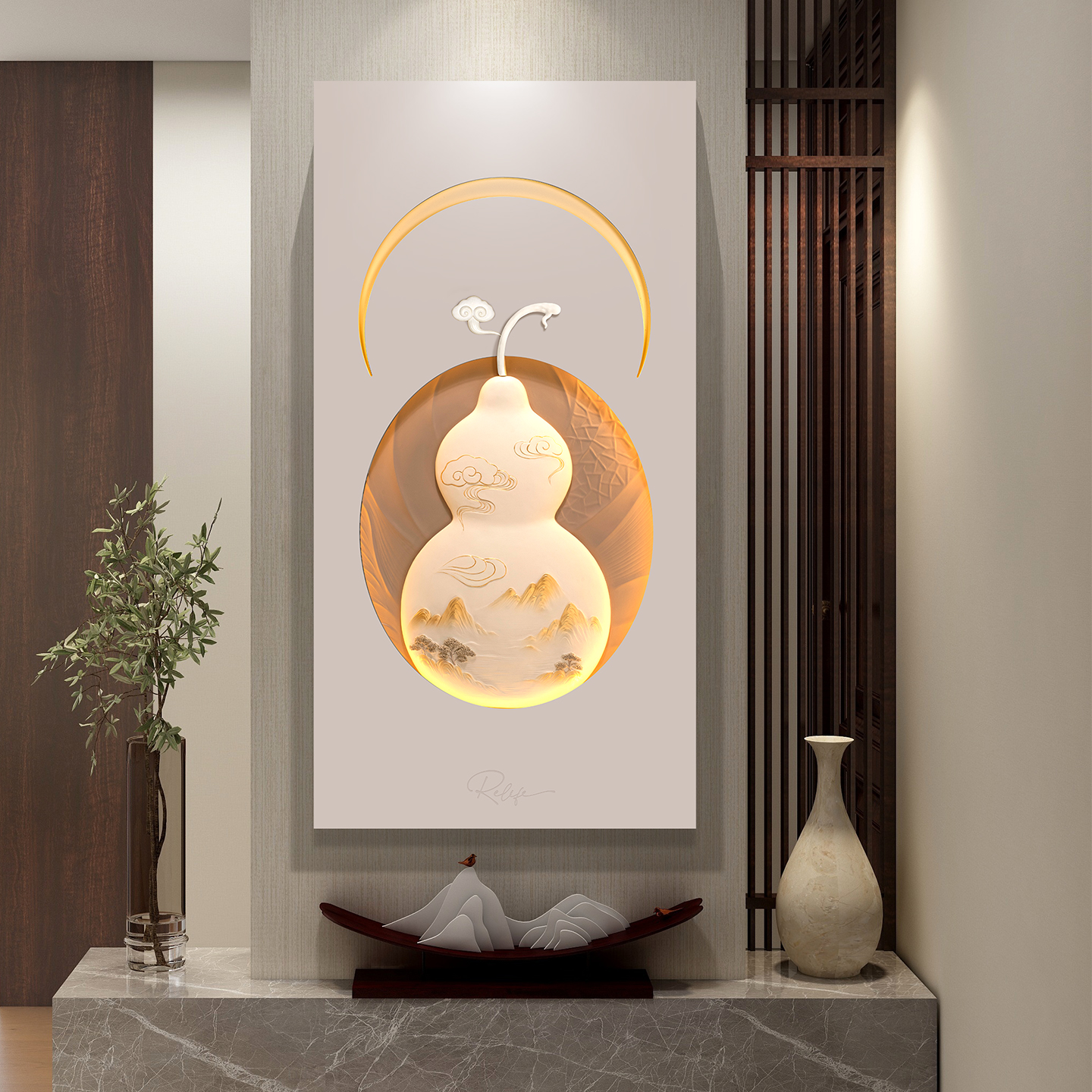 福禄新中式3d立体浮雕玄关装饰画