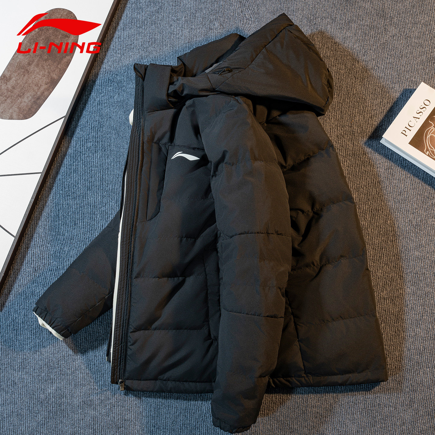 李宁羽绒服男款2026新款冬季防风短款加厚连帽保暖黑色运动服外套