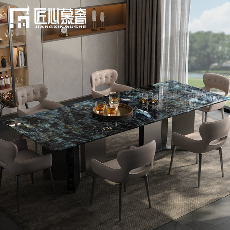 蓝翡翠奢石餐台大户型别墅2023款高端天然大理石餐桌椅组合长方形