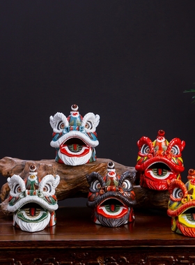 速发车载饰品石湾岭南民俗文装礼品家陶饰品化瓷摆件醒狮狮头