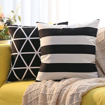 速发纯棉发厚几何纹条黑白靠垫抱枕套含芯床上大抱枕沙加方形