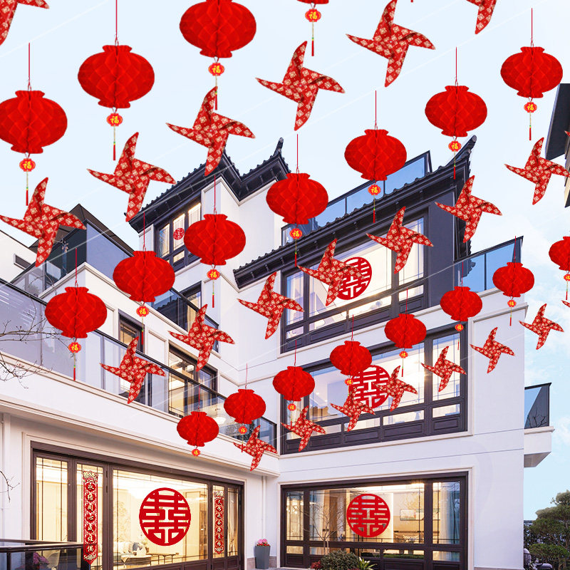 速发农村结婚院子车饰婚礼外引布置灯笼风装路景彩带拉花婚庆彩旗