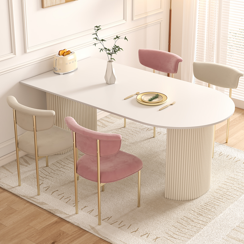 奶油风纯白岩板餐桌家用小户型现代简约轻奢岛台椭圆形餐桌椅组合