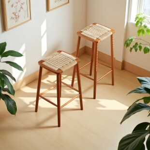 北欧实木吧台凳家用岛台椅小居室绳编酒吧凳岛台椅高脚凳吧台凳