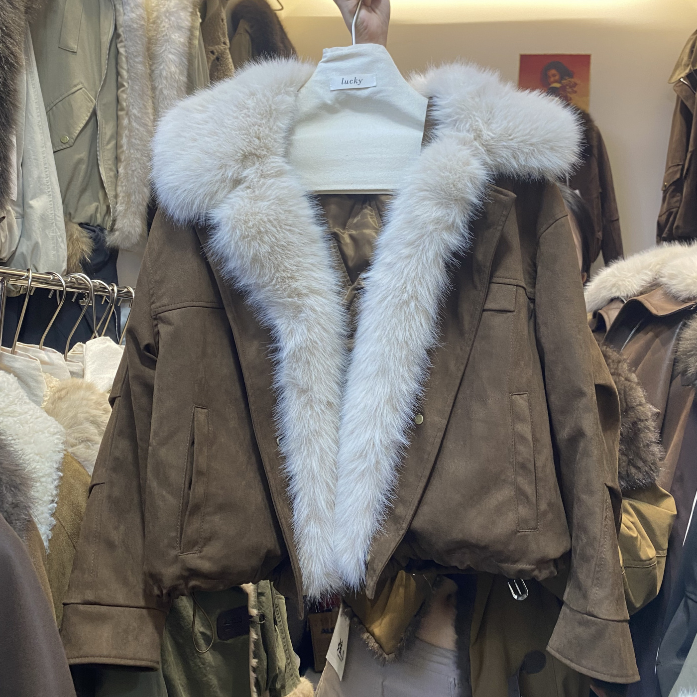 通勤大毛领麂皮绒派克棉服女