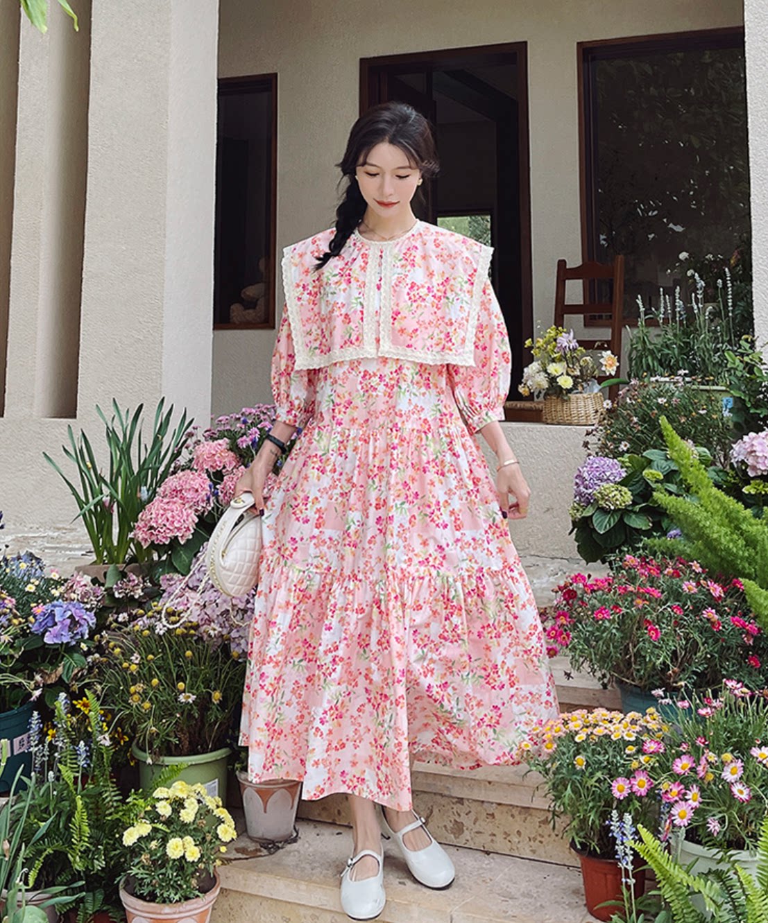 夏季女士连衣裙长裙全棉碎花连衣裙法式复古高腰v领五分袖连衣裙