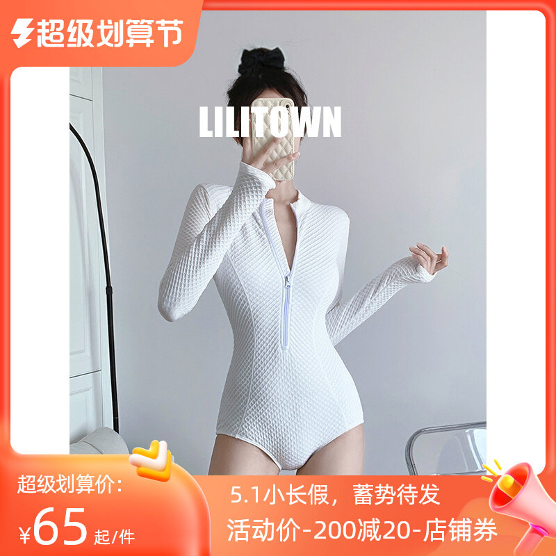 速发游款夏运动高级感纯欲风个小子浮潜长冲袖浪潜水服白色连体图片