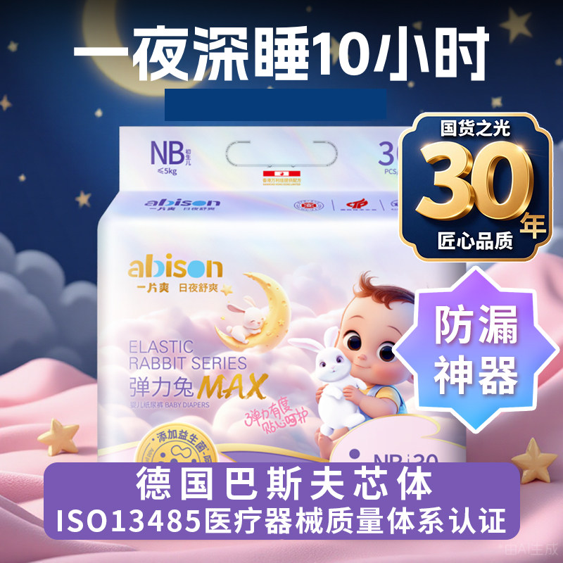 【超柔夜用】一片爽弹力兔MAX新生儿尿不湿NB冬透气纸尿裤拉拉裤L