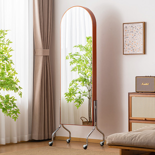 实木穿衣镜子中古全身镜家用移动卧室试衣旋转落地复古收纳杂志架