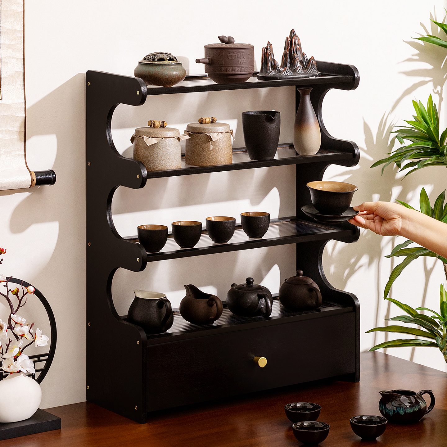 新中式博古架桌面茶桌置物架