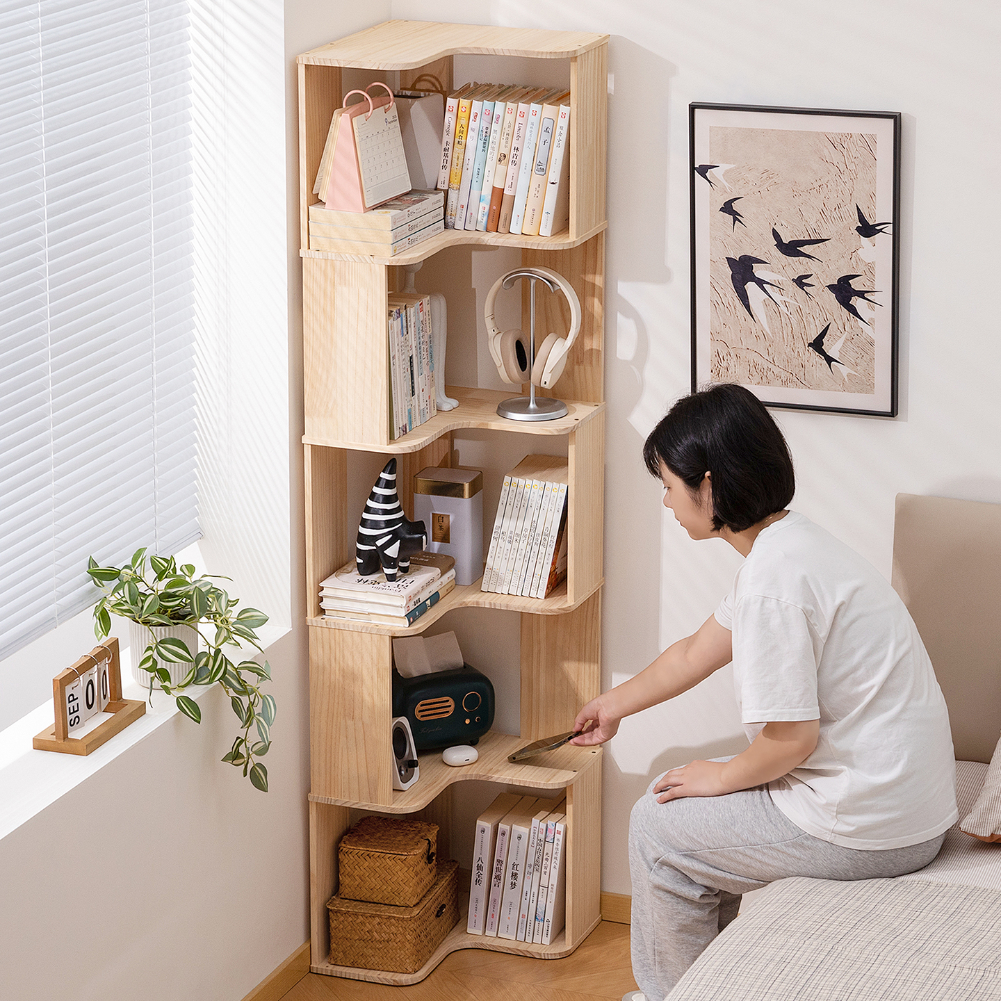 实木转角书柜展示柜组合客厅家用儿童书架立柜子置物简易落地储物