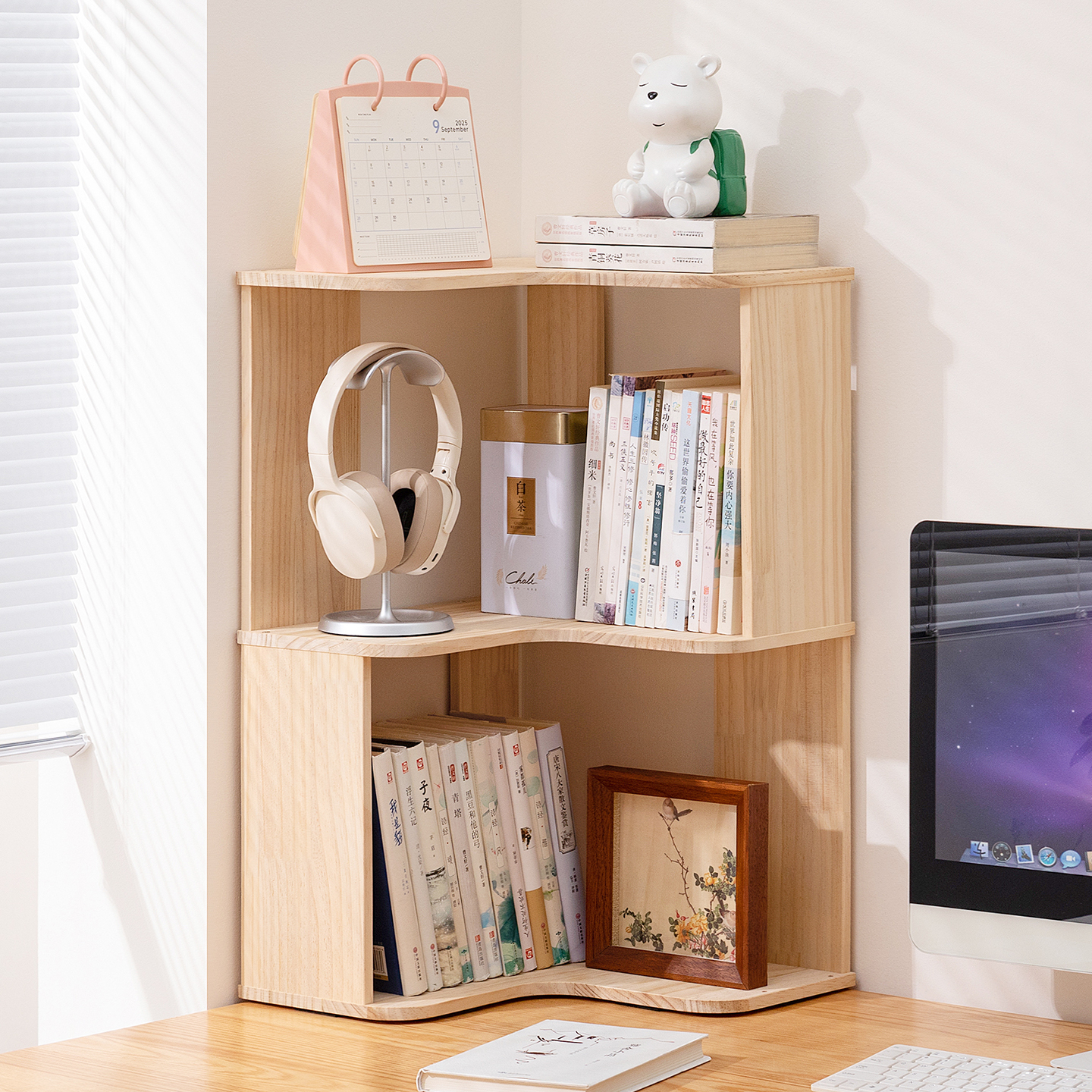 实木转角桌面置物架书架子