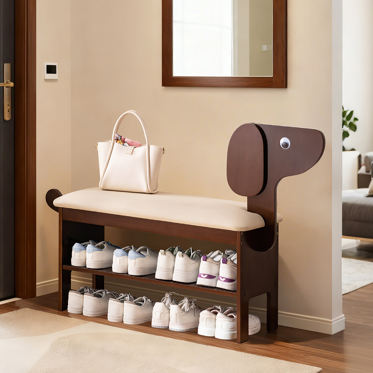 实木小狗换鞋凳门口家用可坐鞋柜可爱创意入户鞋架子玄关坐凳一体